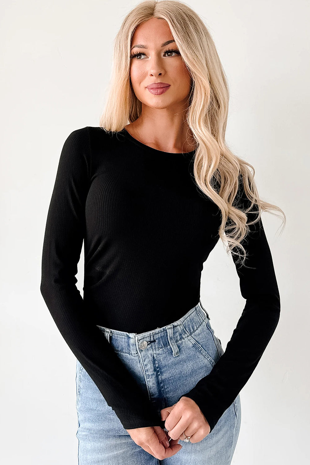White Ribbed Long Sleeve Crew Neck Solid Color Bodysuit