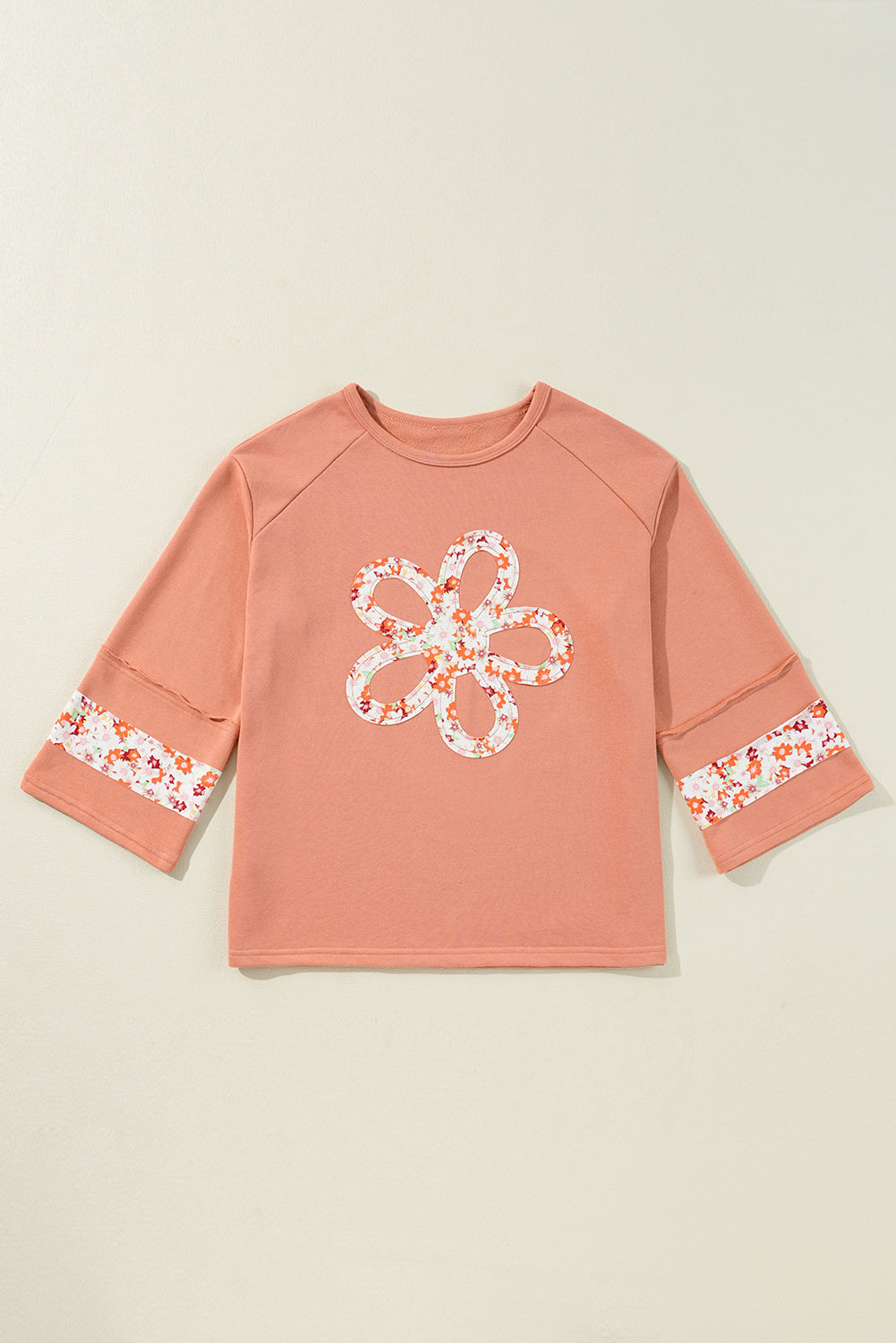 Beige Flower Patch Graphic Exposed Seam Wide Sleeve Top