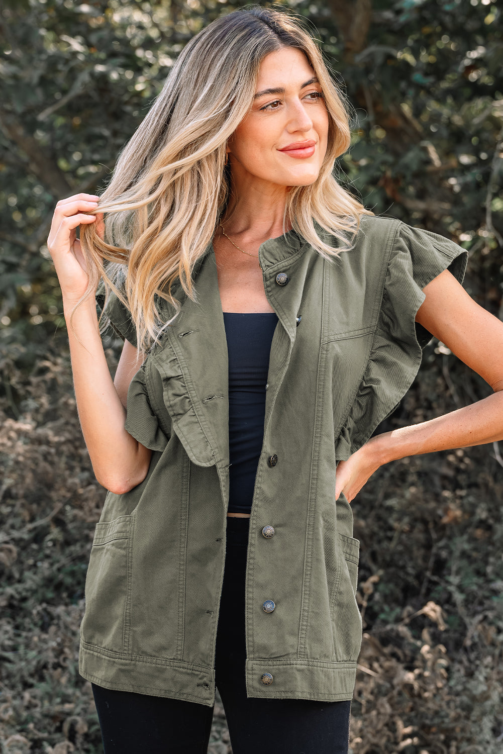 Pale Khaki Ruffled Patchwork Denim Jacket Vest