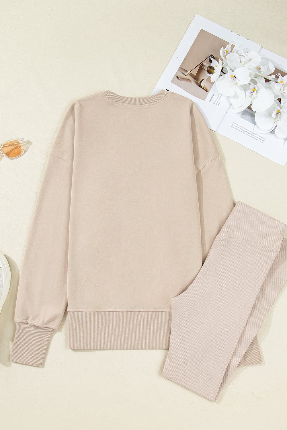 Black Solid Color Oversize Slit Sweatshirt Ribbed Leggings 2pcs Set