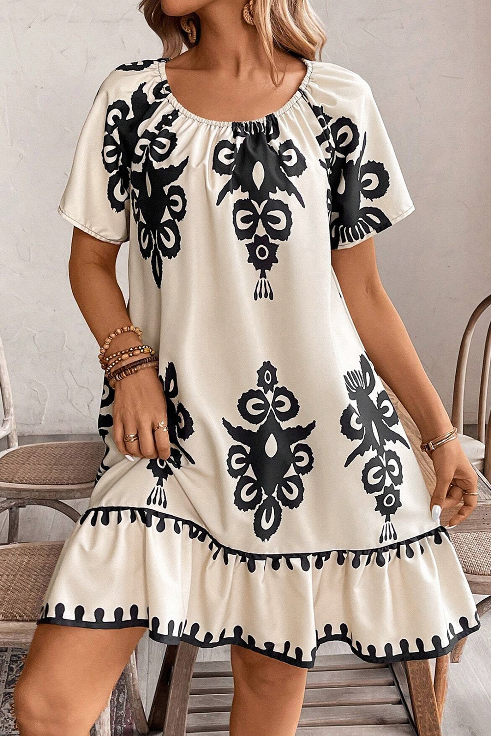 Beige Geometric Printed Sleeveless Hollowed Bowknot Back Mini Dress
