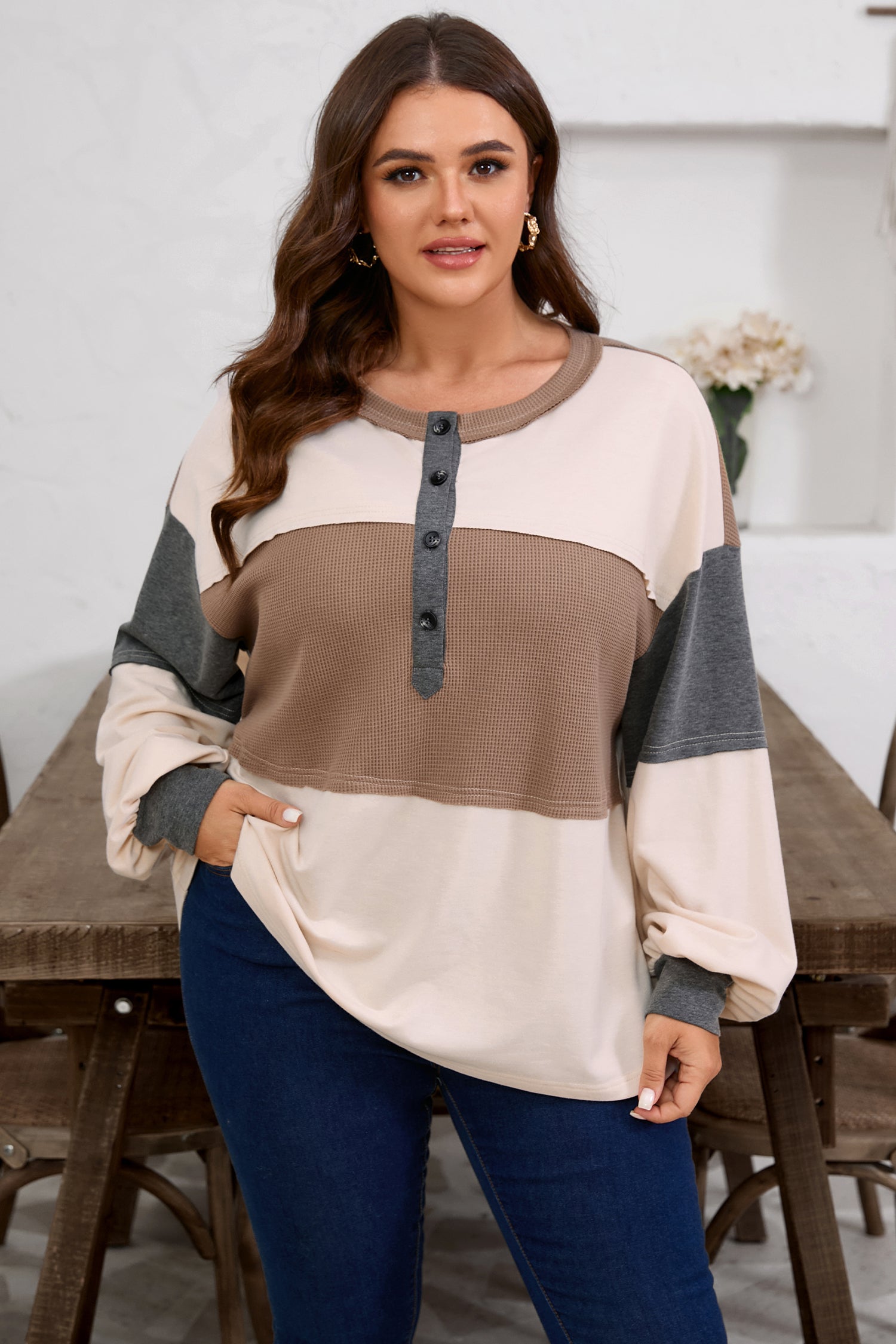Jet Stream Color Block Waffled Patchwork Loose Henley Top