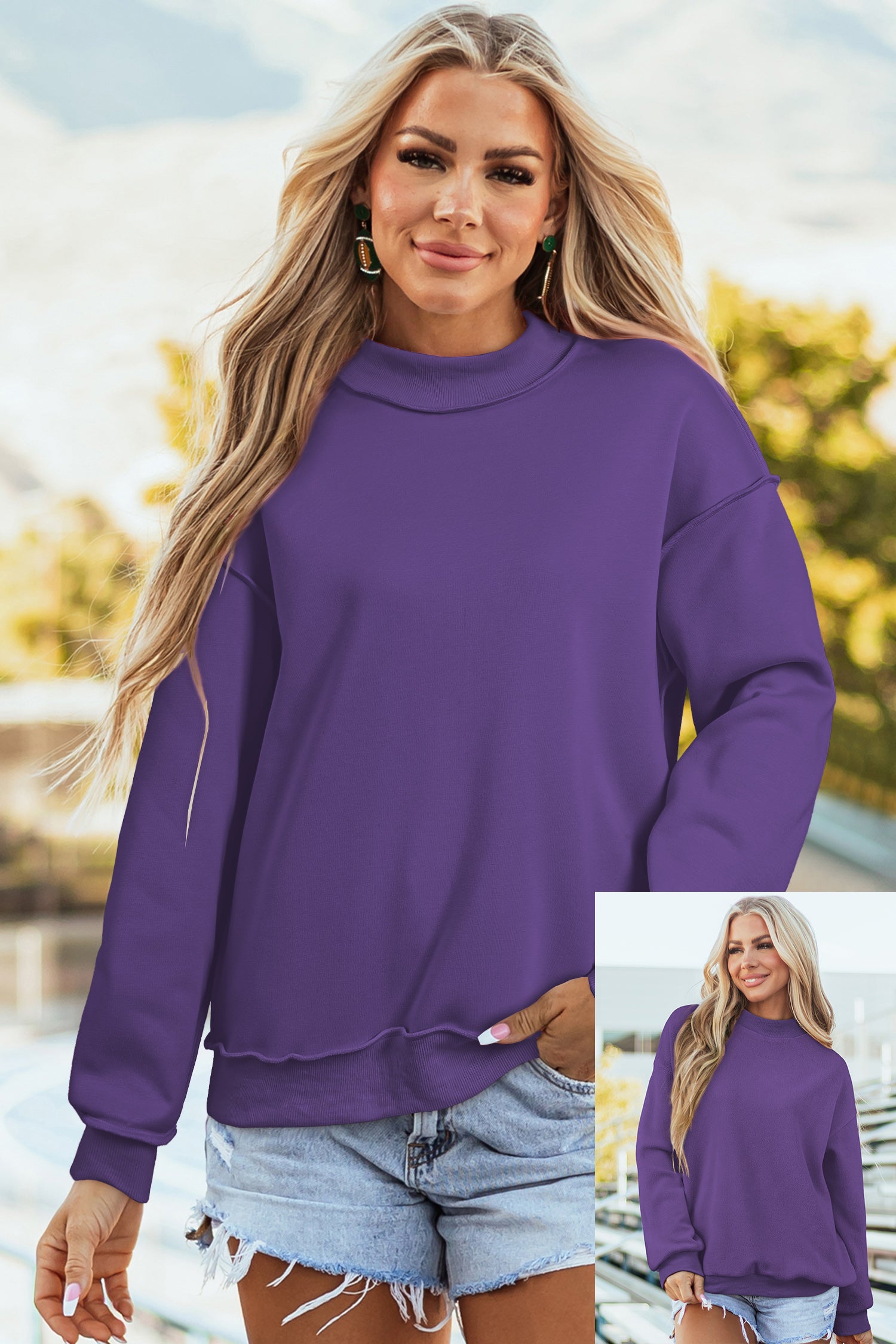 Bright Pink Oversize Blessed Embroidered Mock Neck Sweatshirt