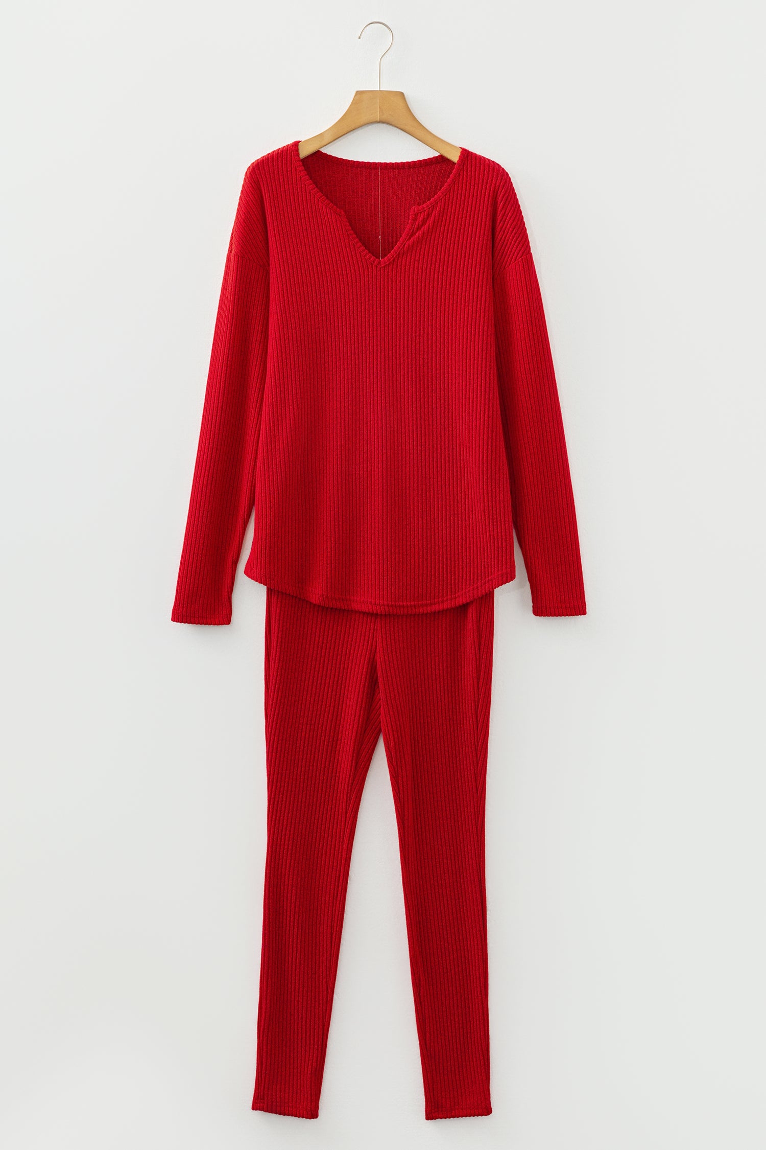 Black Ribbed Notched Neck Knit Long Sleeve Leggings Two Pieces Lounge Set
