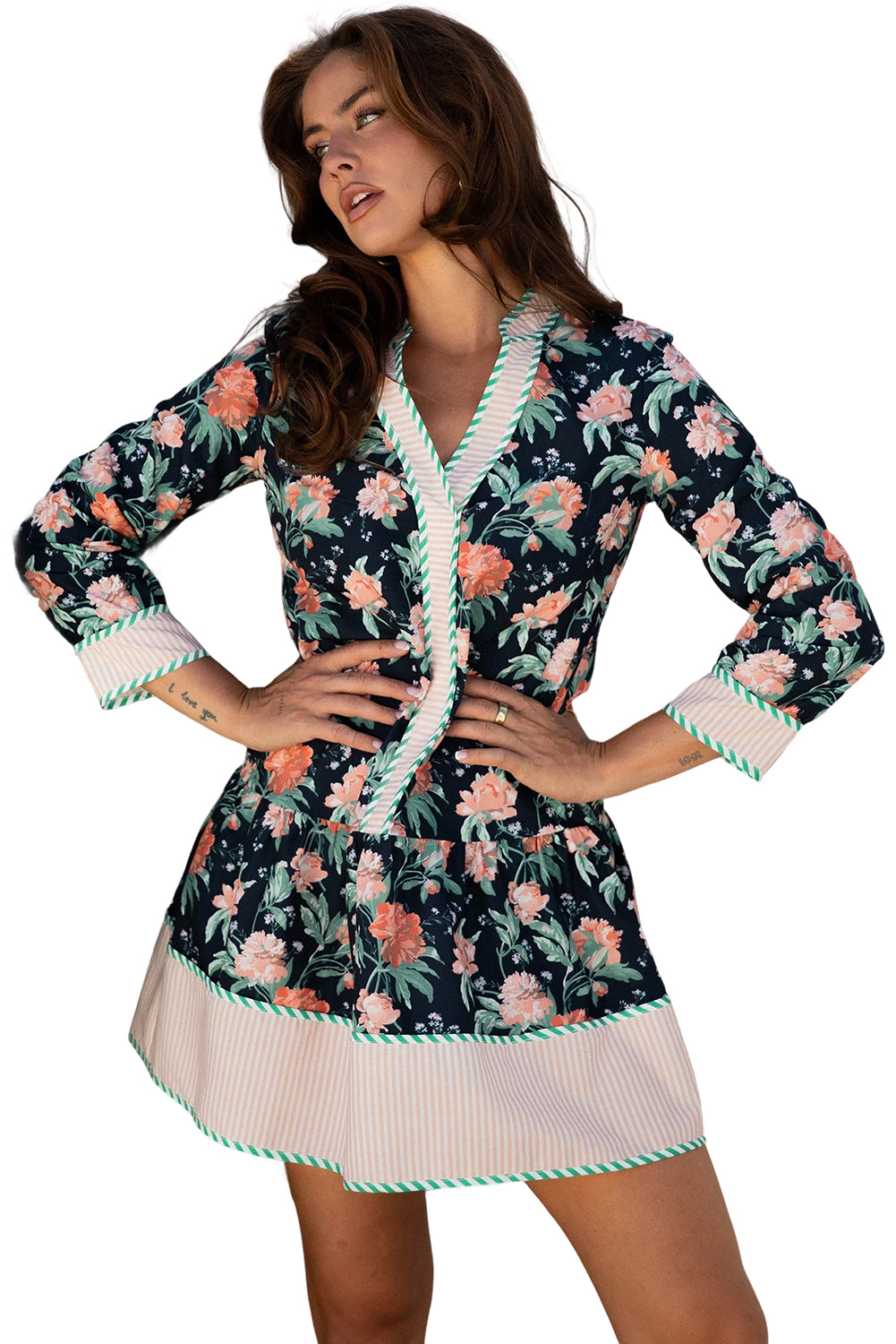 Blue Floral Print Striped Trim V Neck Long Sleeve Ruffle Hem Shift Mini Dress