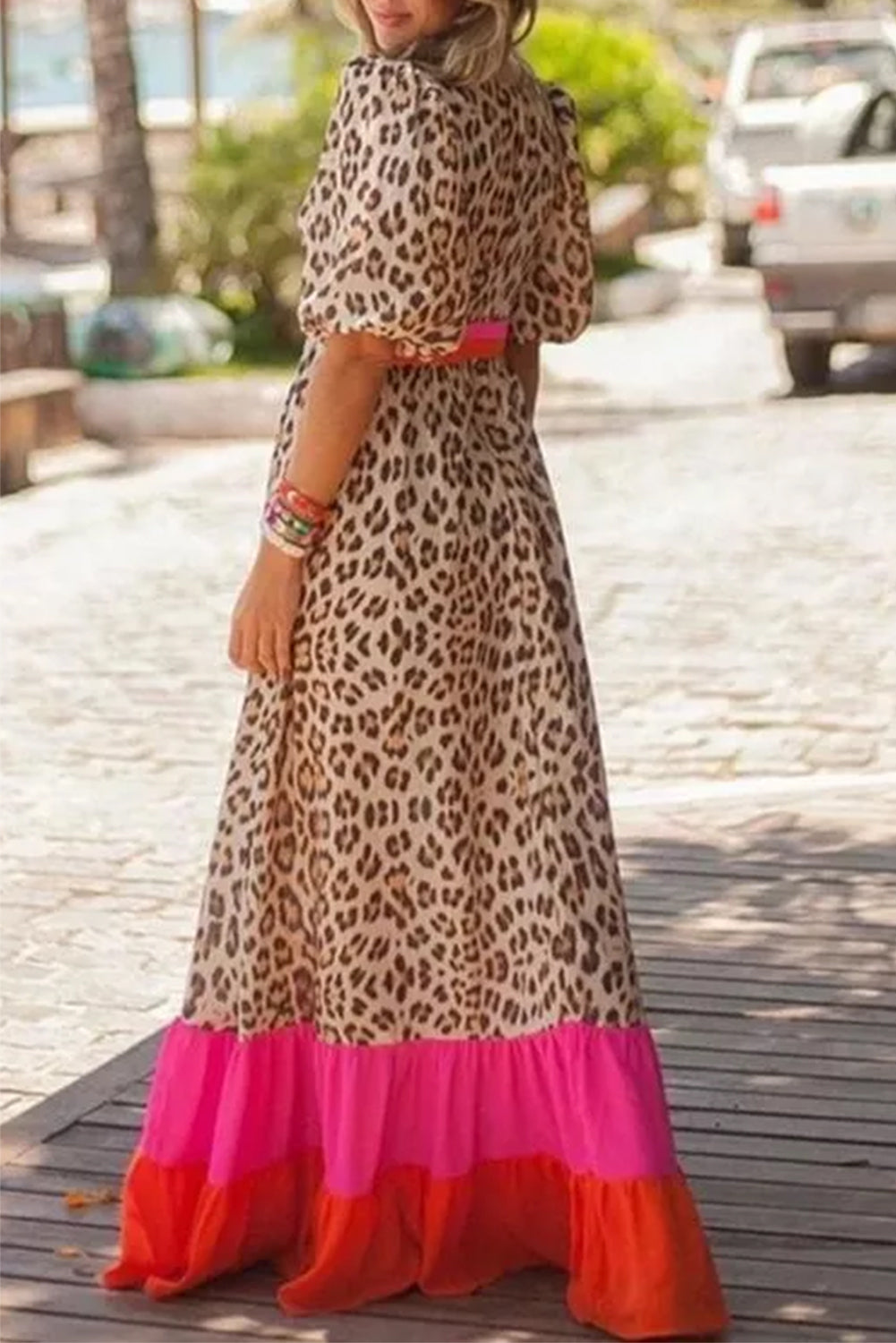 Khaki Cheetah Color Block V Neck Balloon Sleeve Babydoll Blouse