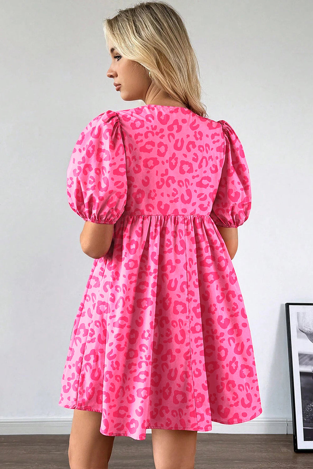 Bright Pink Solid Color Puff Sleeve Tie Front High Waist Mini Dress