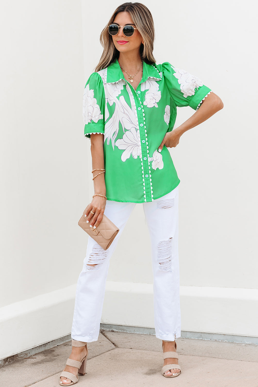 Sky Blue Floral Ric Rac Edge Puff Sleeve Button Up Summer Shirt
