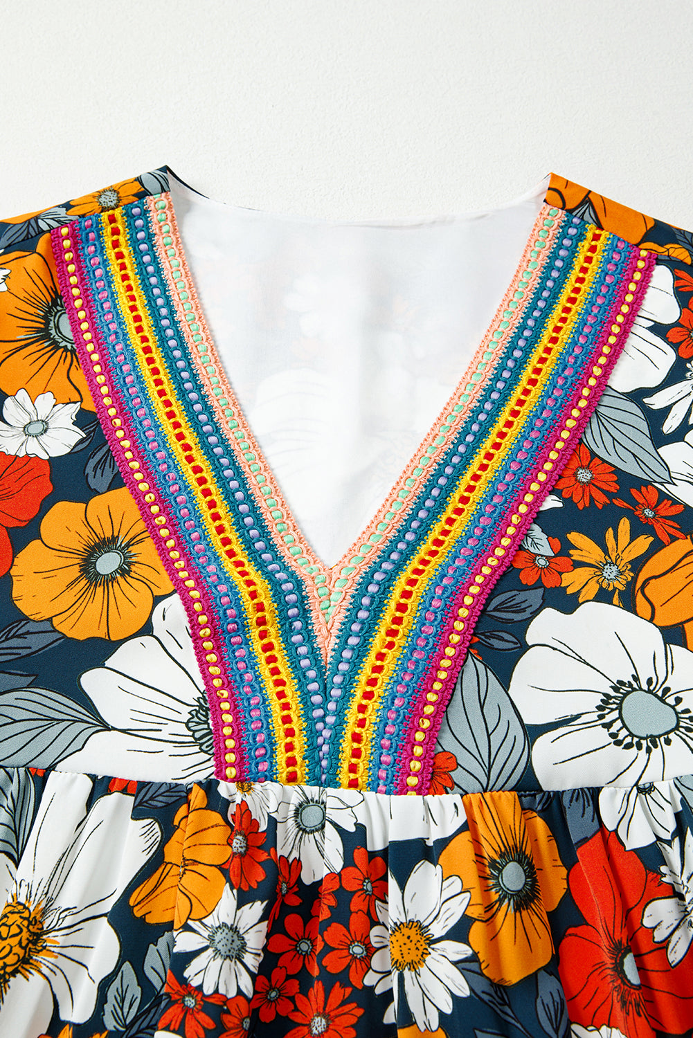 Multicolour Crochet V Neck Half Sleeve Boho Floral Blouse