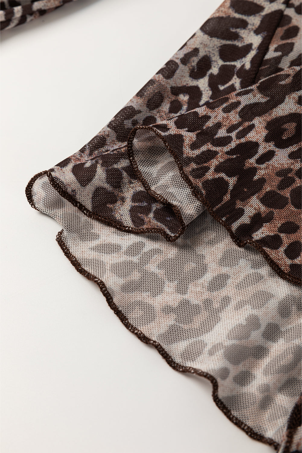 Multicolour Leopard Sheer Mesh Long Sleeve V Neck Lace-up Blouse