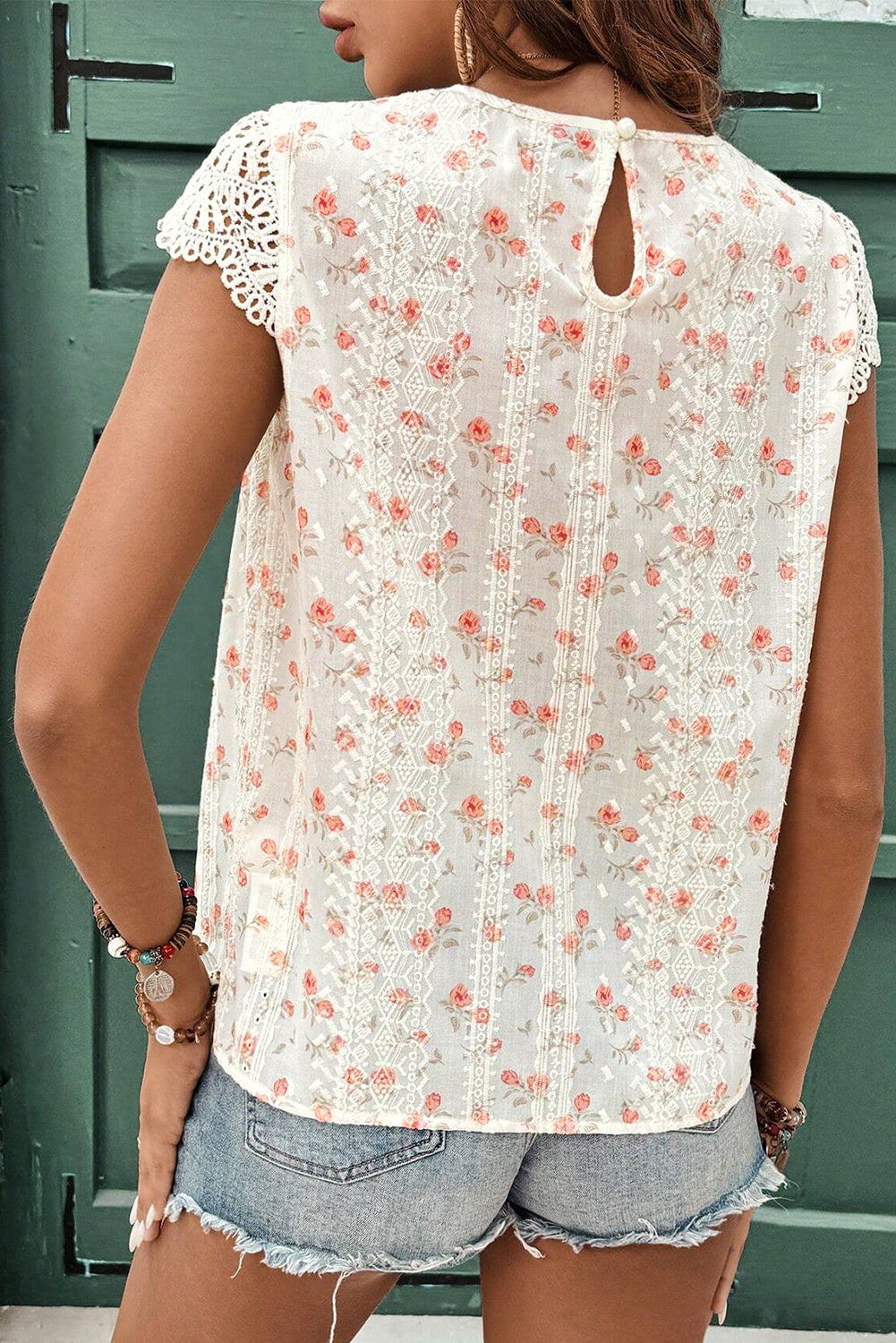 White Floral Eyelet Embroidered Puff Sleeve Notch V Neck Blouse