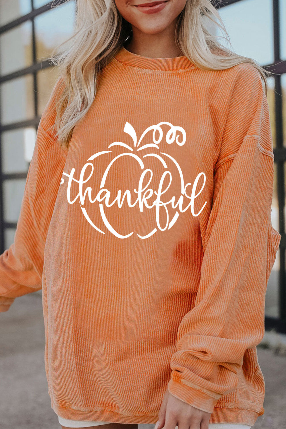 Orange Thankful Ribbed Crew Neck Thanksgiving Sweatshirt