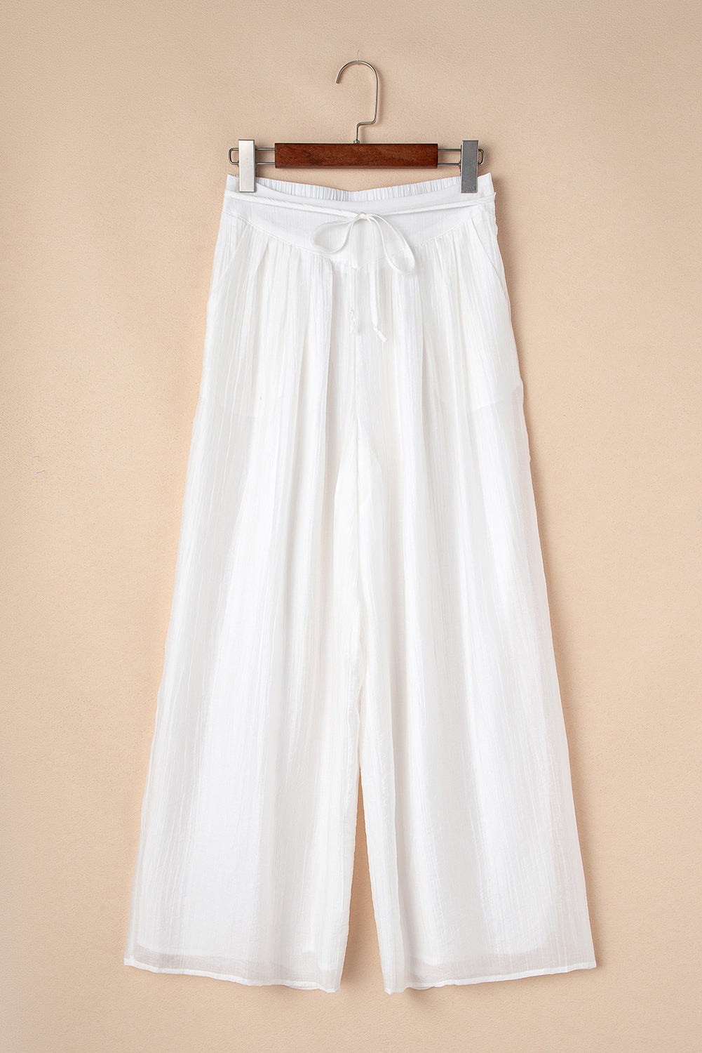 White Solid Drop Waist Pleated Wide Leg Casual Pants
