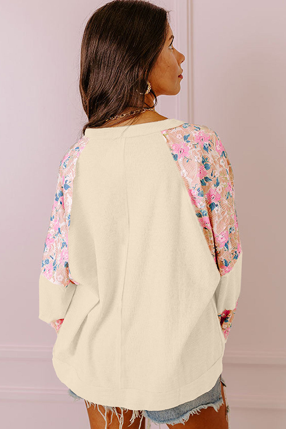 Apricot Plus Size Floral Patchwork Ribbed Puff Sleeve Top