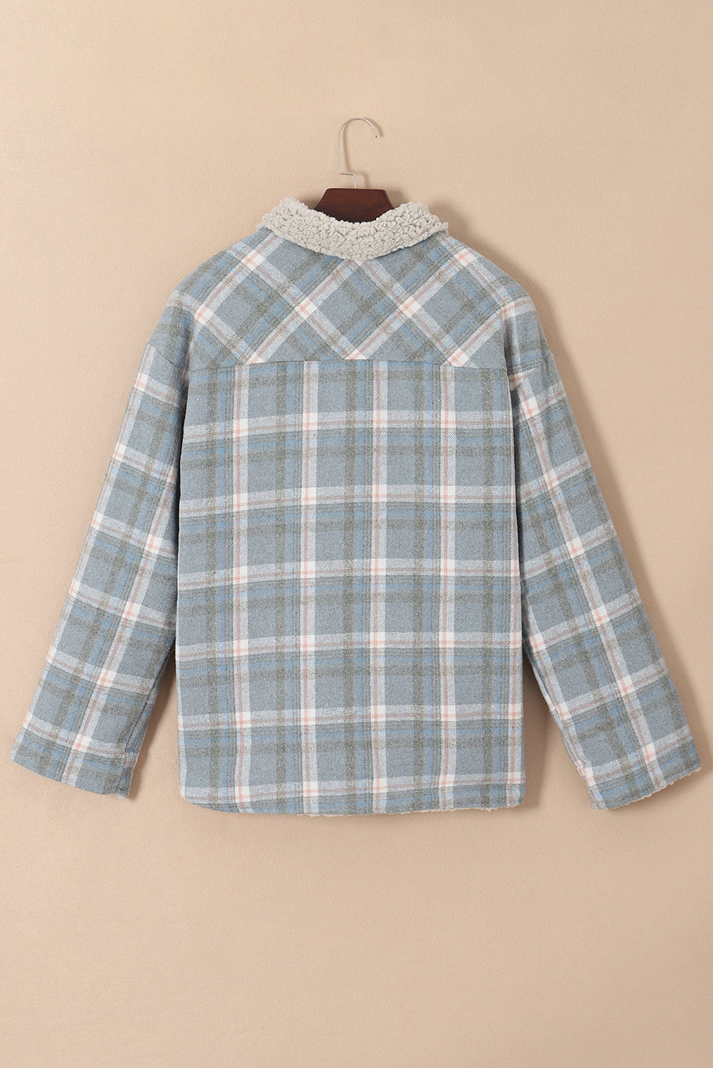 Sky Blue Stripe Sherpa Collar Cuffs Patchwork Plaid Shirt Jacket with Chest Pocket