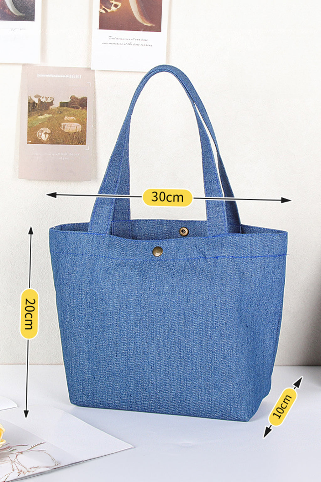 Navy Blue Vintage Denim Snap Button Tote Bag