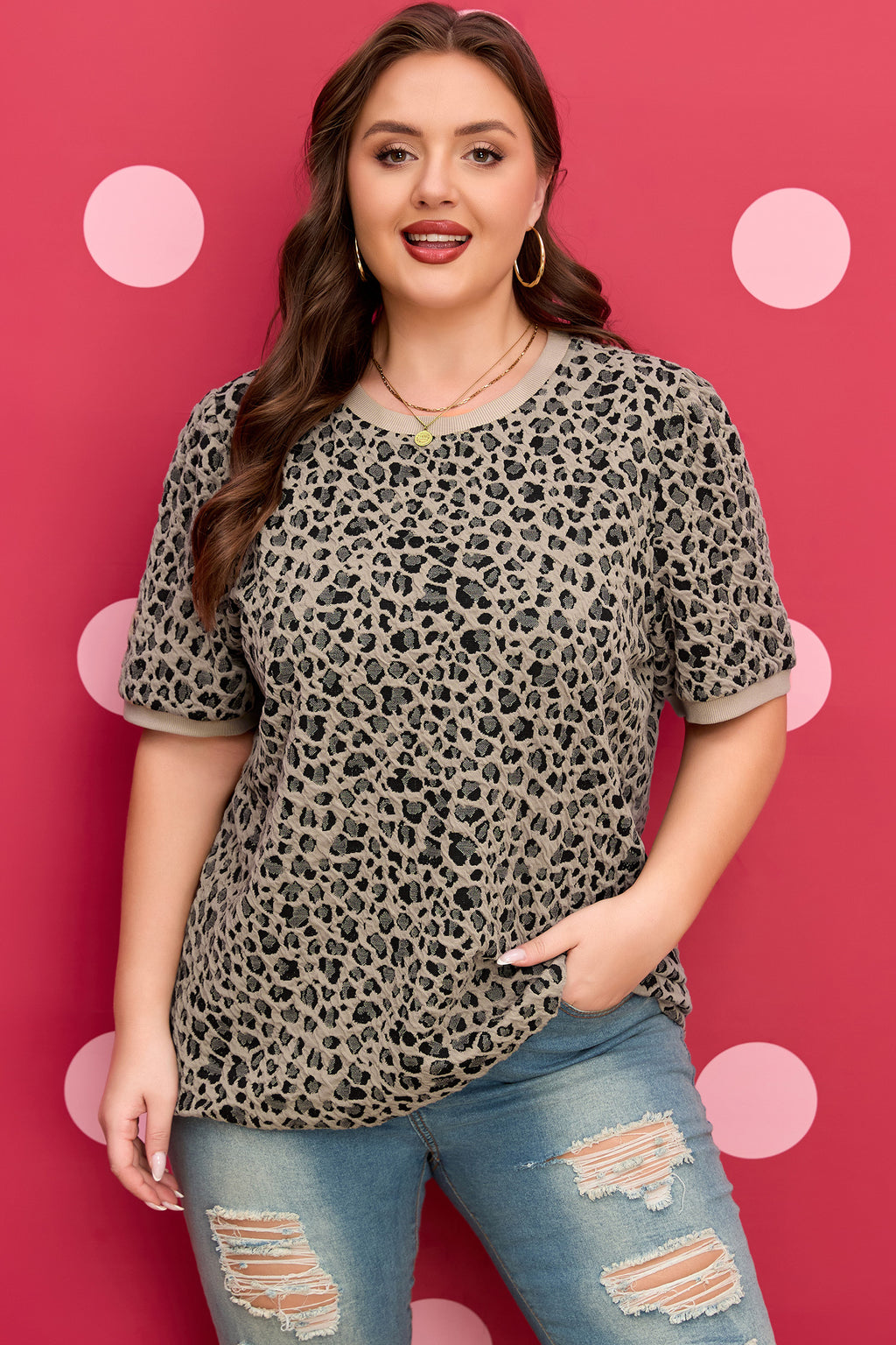 Beige Zip up Collared Leopard Cap Sleeve Top