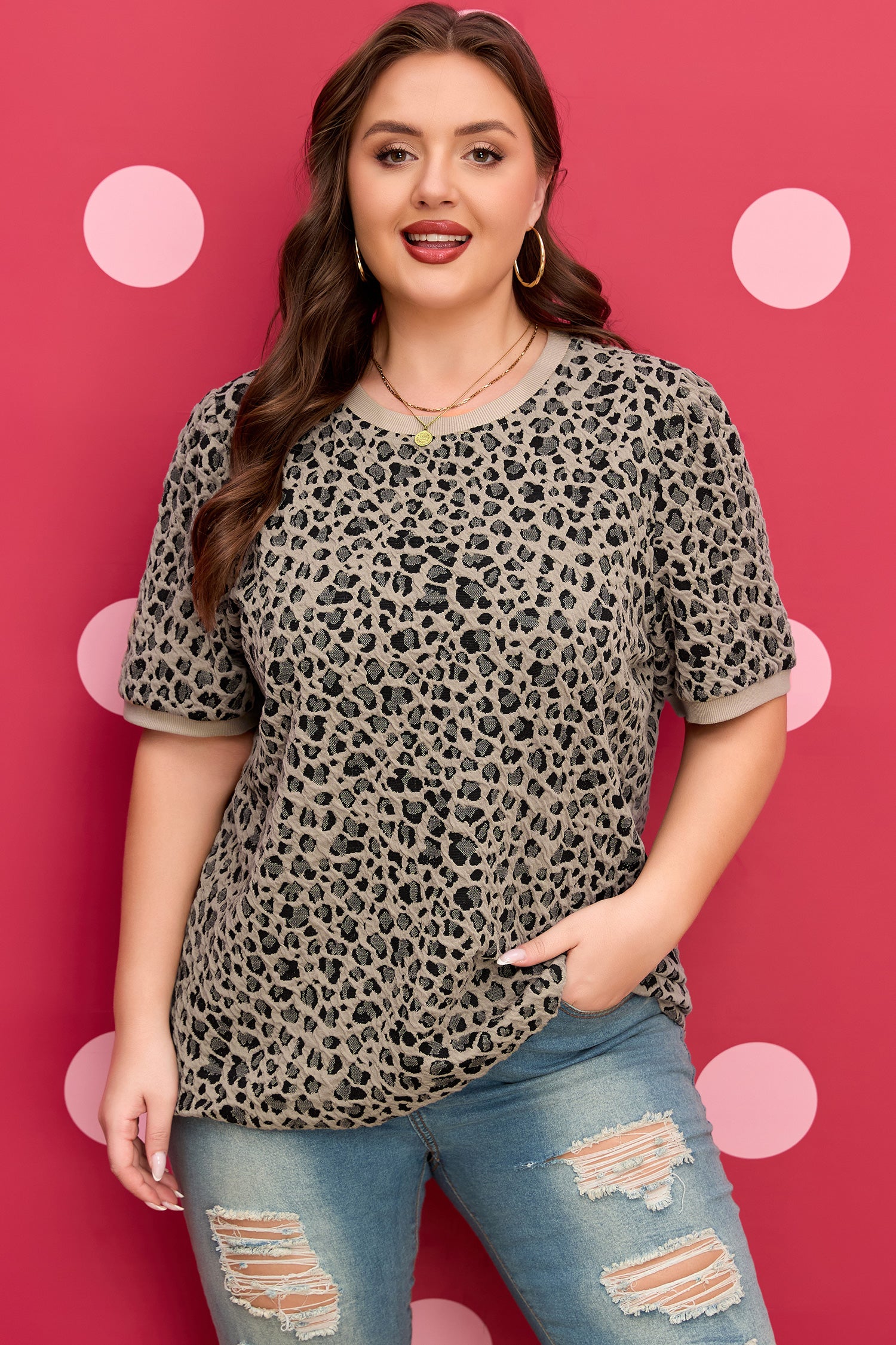 Beige Zip up Collared Leopard Cap Sleeve Top