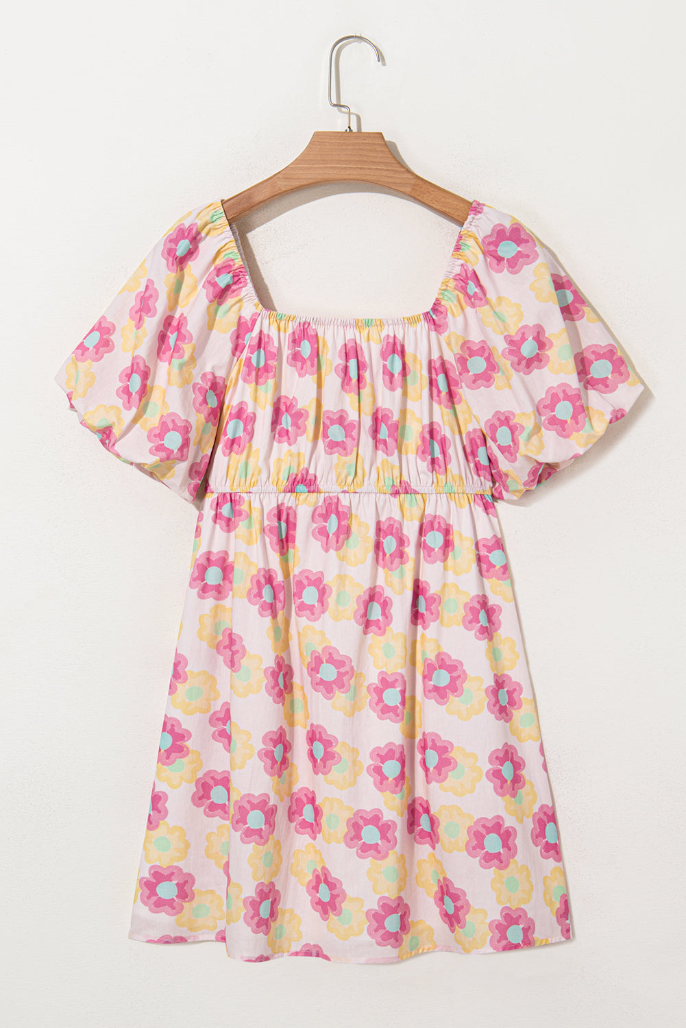 Rose Vibrant Floral Square Neck Puff Sleeve Pleated Flared Midi Dress