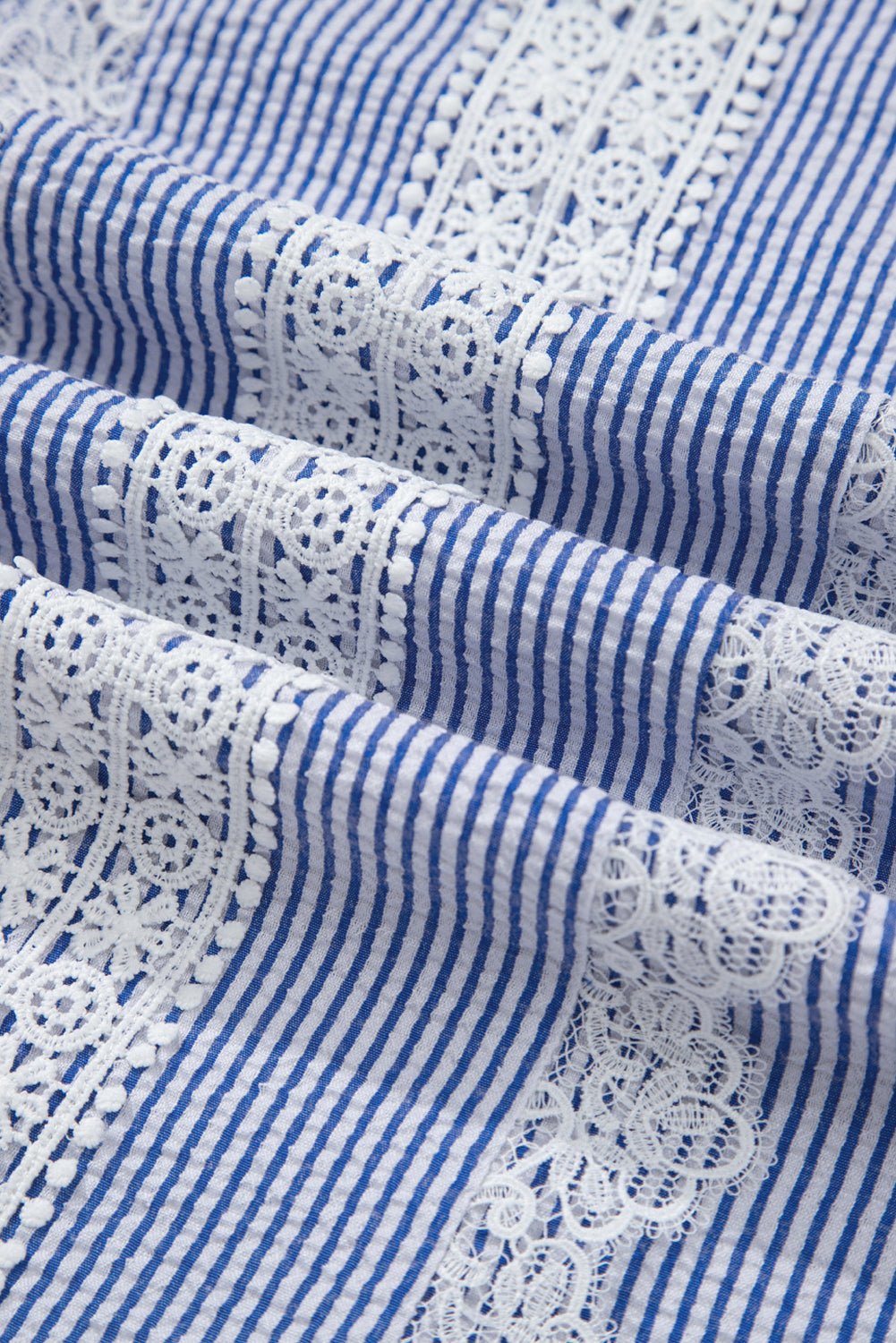 Sky Blue Stripe Floral Lace Splicing Puff Sleeve Blouse