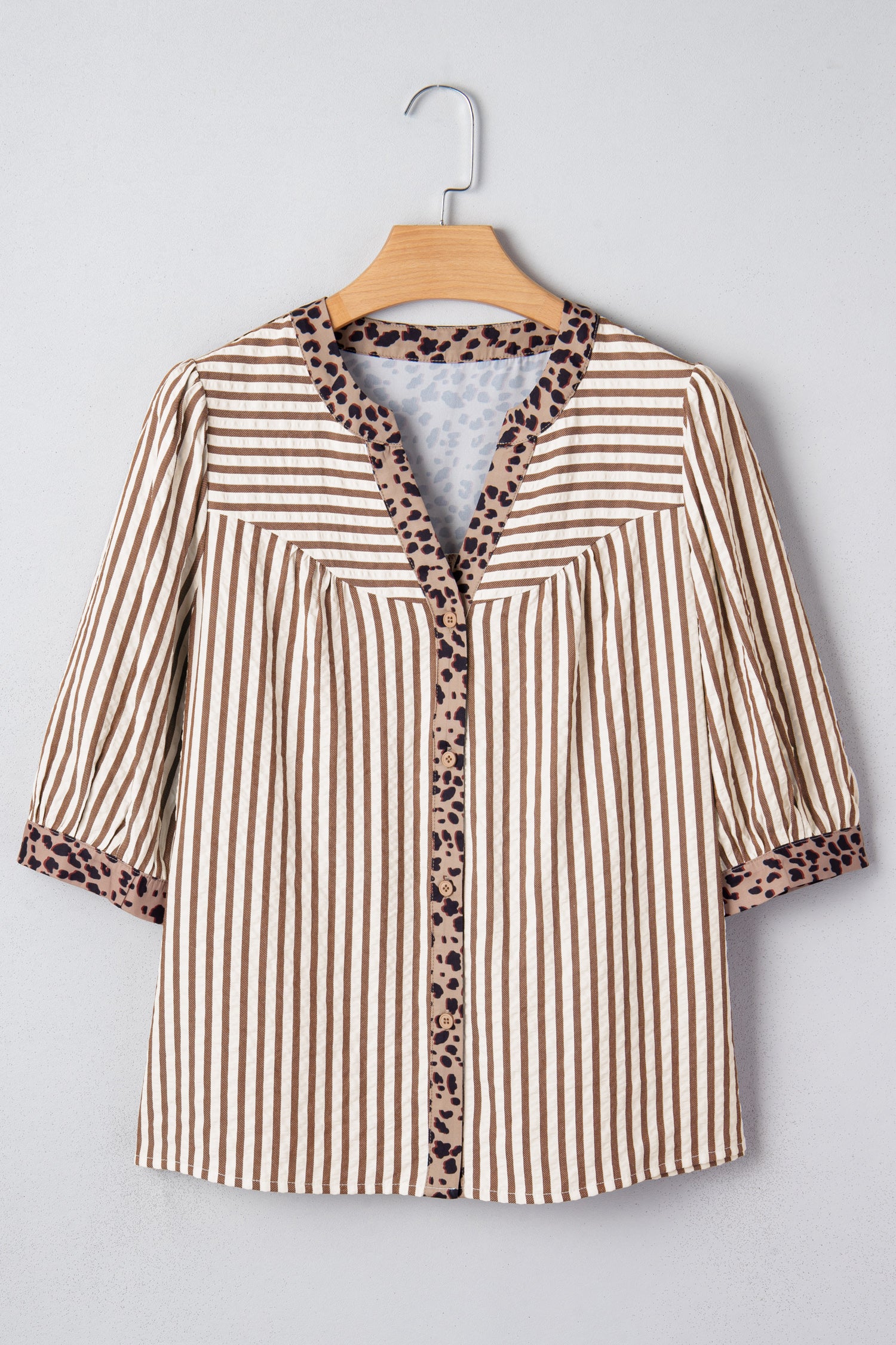 Sky Blue Stripe Leopard Trim V Neck Button Down Half Sleeve Shirt