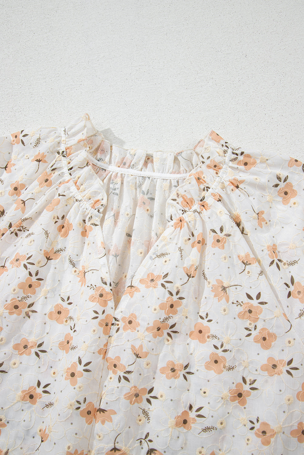 White Floral Eyelet Embroidered Puff Sleeve Notch V Neck Blouse