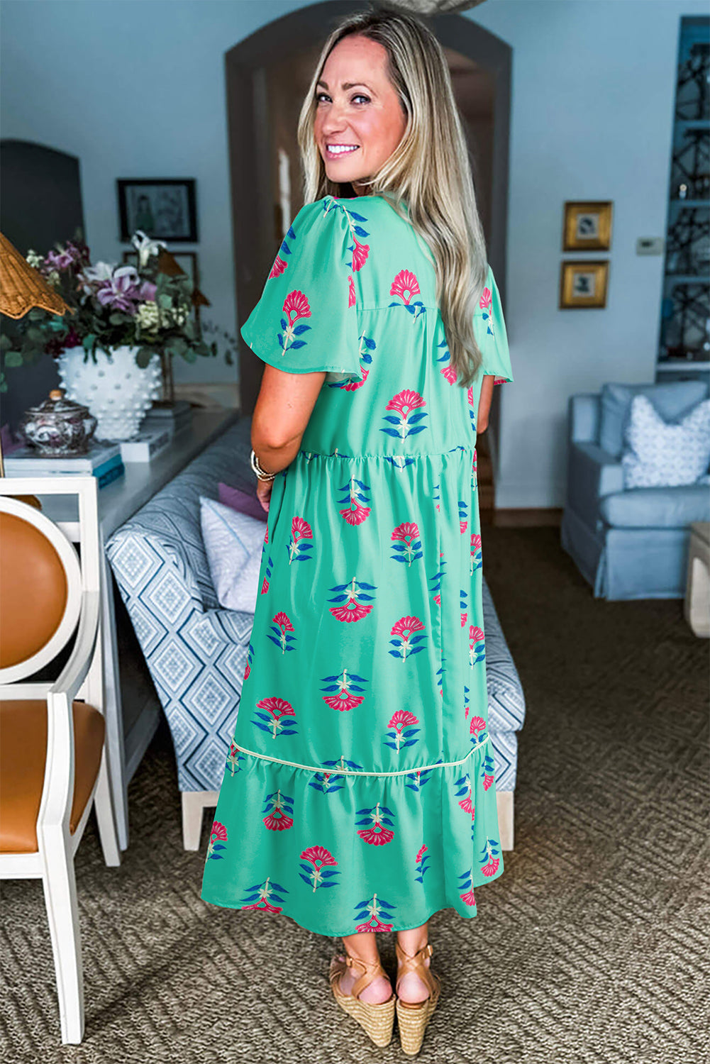 Blue Floral Print Notched Neck Butterfly Sleeve Shift Long Dress