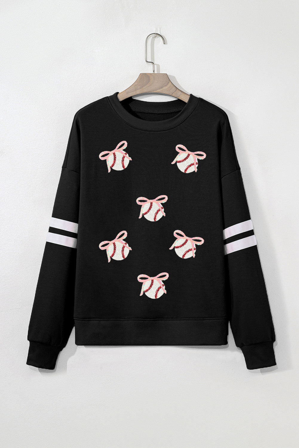 Black Bow Baseball Sequin Patched Oversized Varsity Sweatshirt