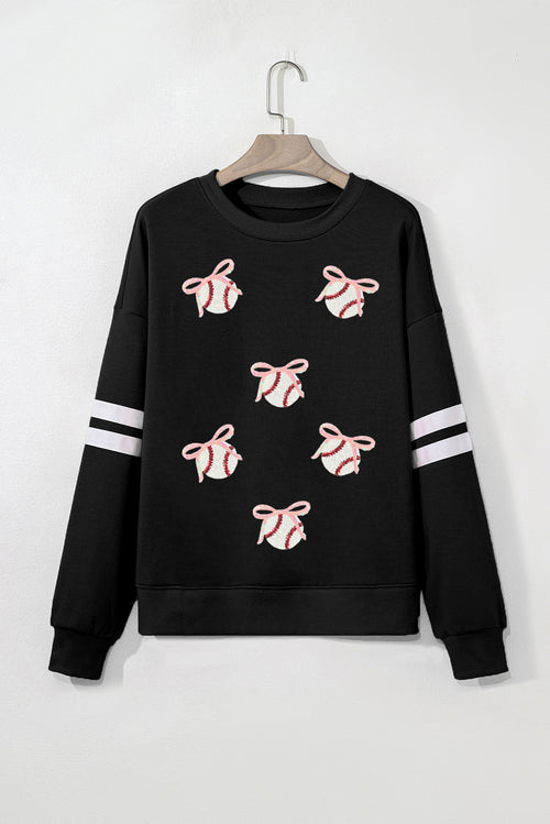Black Bow Baseball Sequin Patched Oversized Varsity Sweatshirt