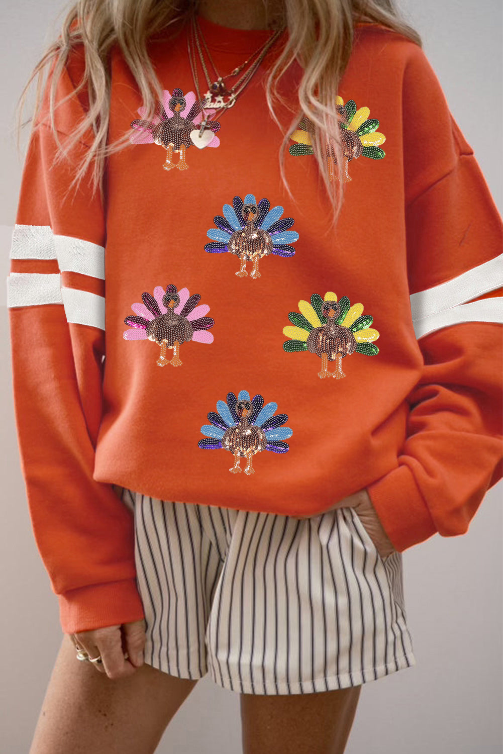 Orange Varsity Striped Sleeve Sequin Patched Thanksgiving Turkey Sweatshirt