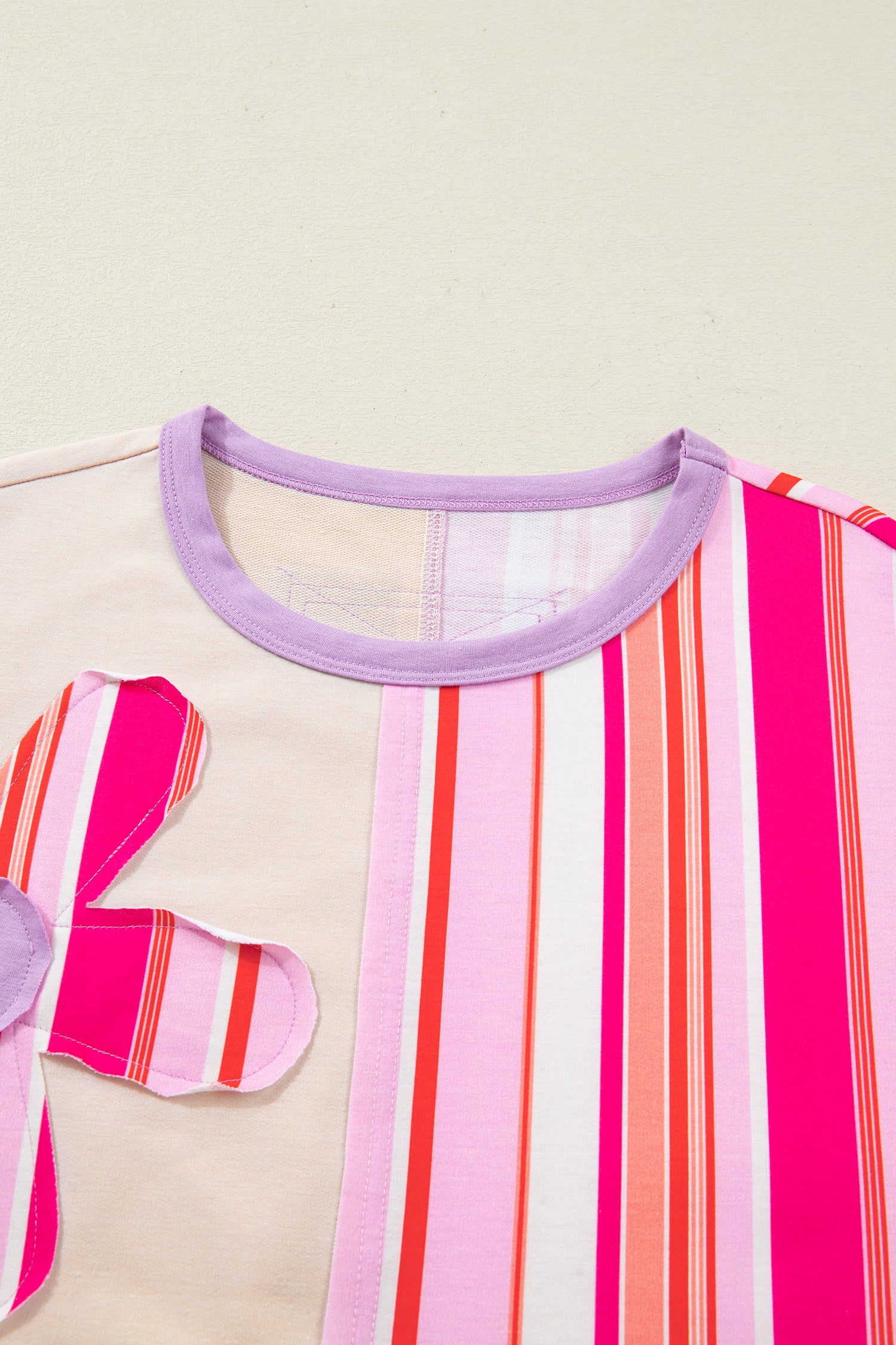 Pink Striped Color Block Flower Patched Half Sleeve Loose Top