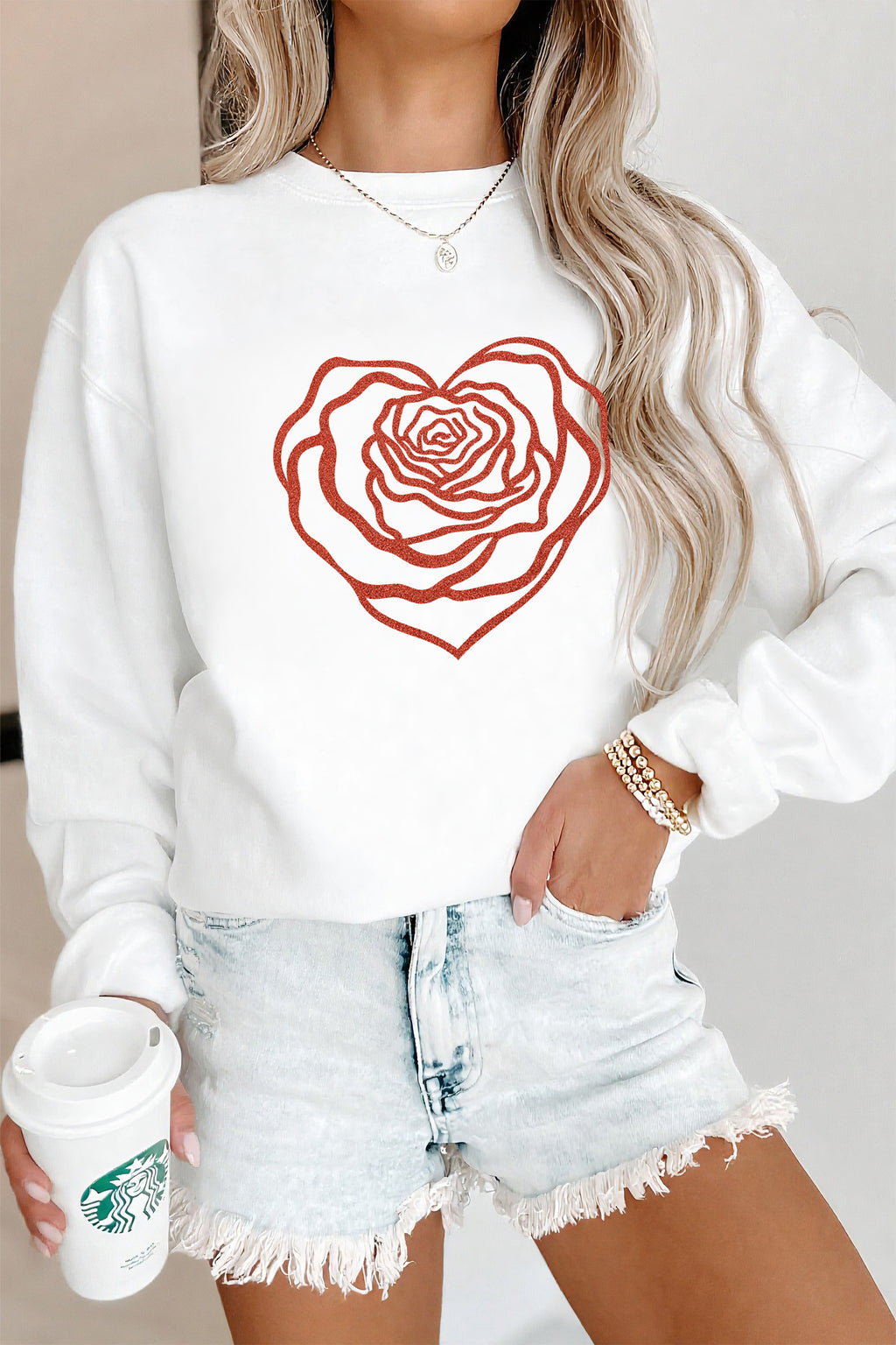 White Love Rose Shimmer Foil Printed Drop Shoulder Sweatshirt
