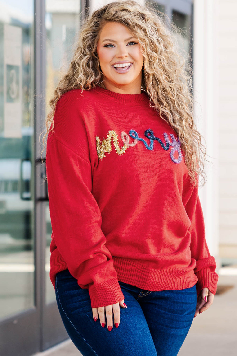 Fiery Red Tinsel Merry Letter Drop Shoulder Baggy Sweater