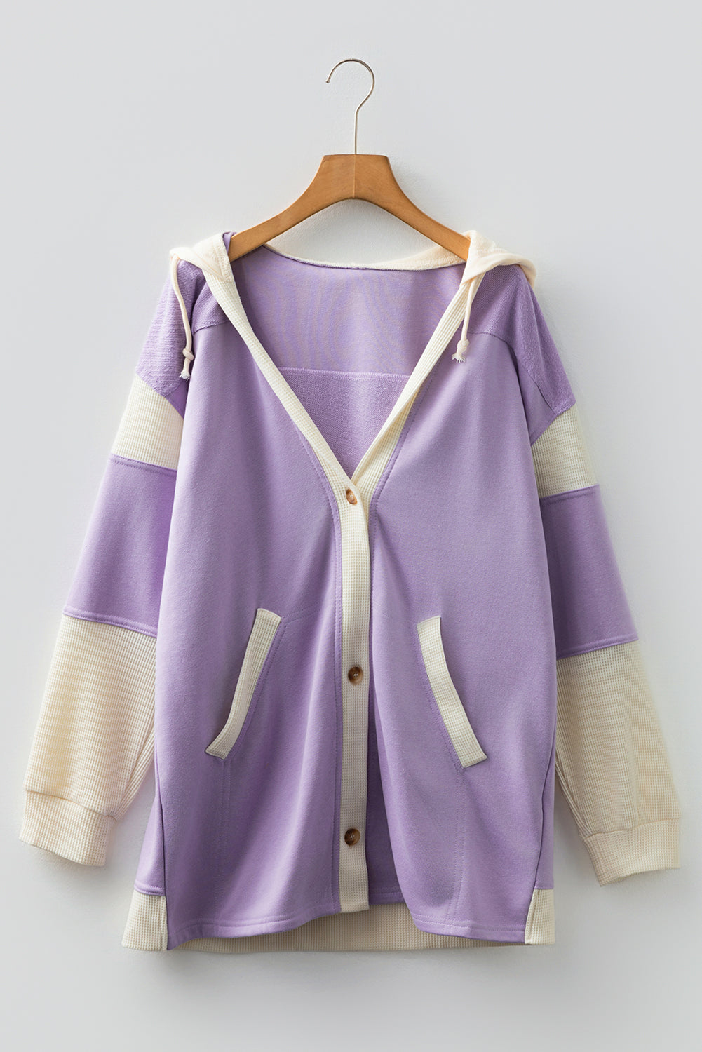 Black Waffle Contrast Knit Color Block Patchwork Button Front Oversize Hoodie