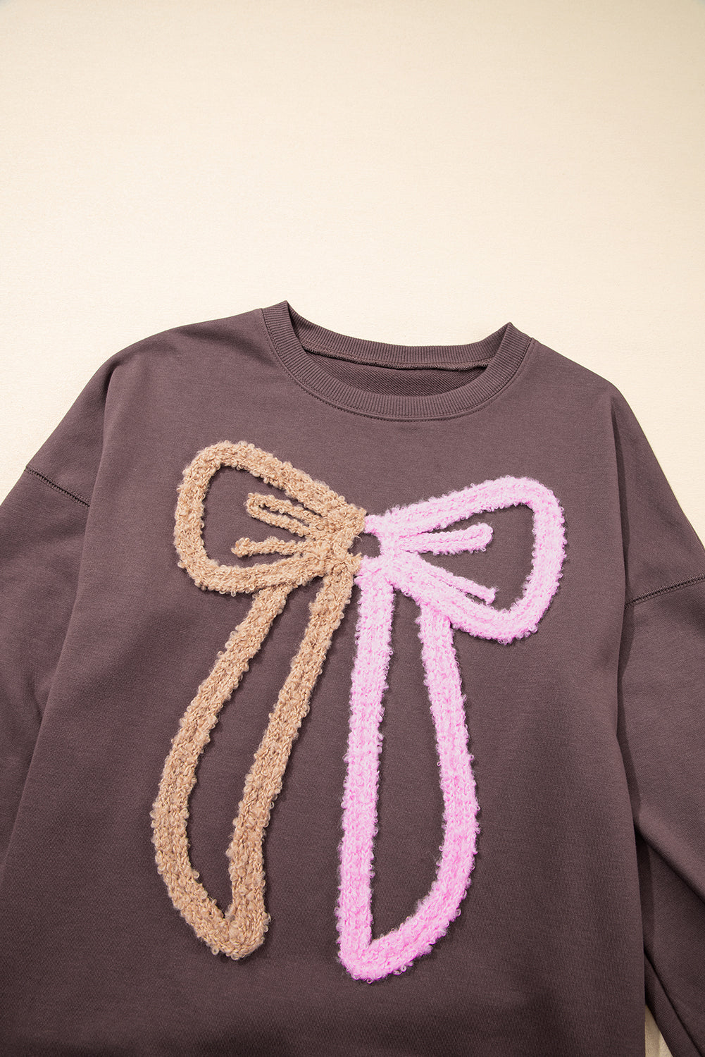 Dark Khaki Contrast Terry Bow Pattern Drop Shoulder Sweatshirt