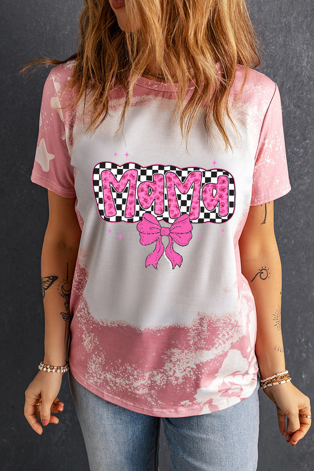 Pink Checkered Bow MAMA Graphic Tie-dye Tee