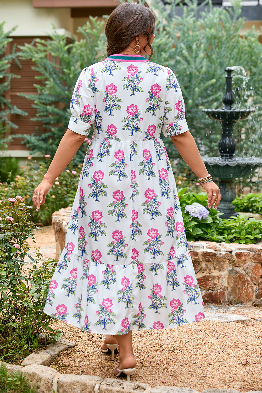 White Floral Puff Short Sleeve V Neck High Waist Maxi Dress