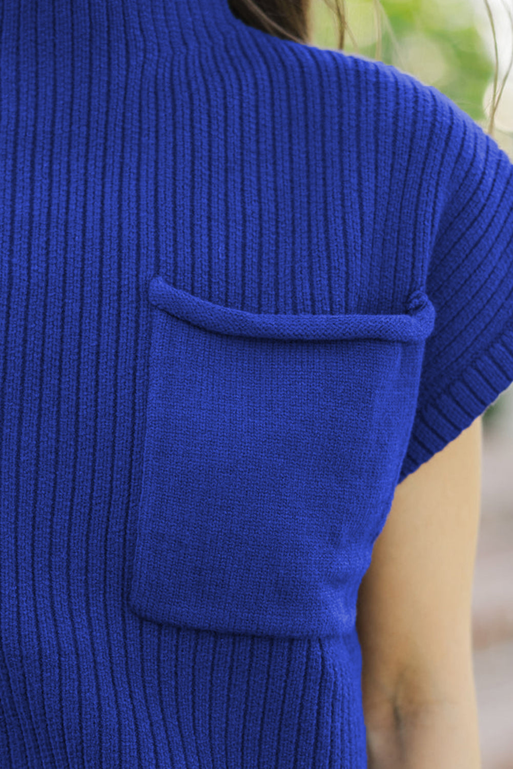 Oatmeal Patch Pocket Ribbed Knit Short Sleeve Sweater