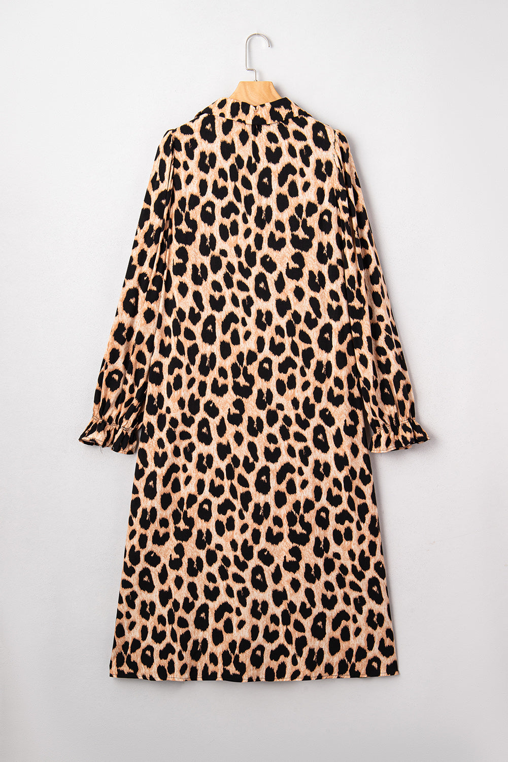 Four Leaf Clover Collared V Neck Smocked Detail Contrast Leopard Trim Bracelet Sleeve Long Dress