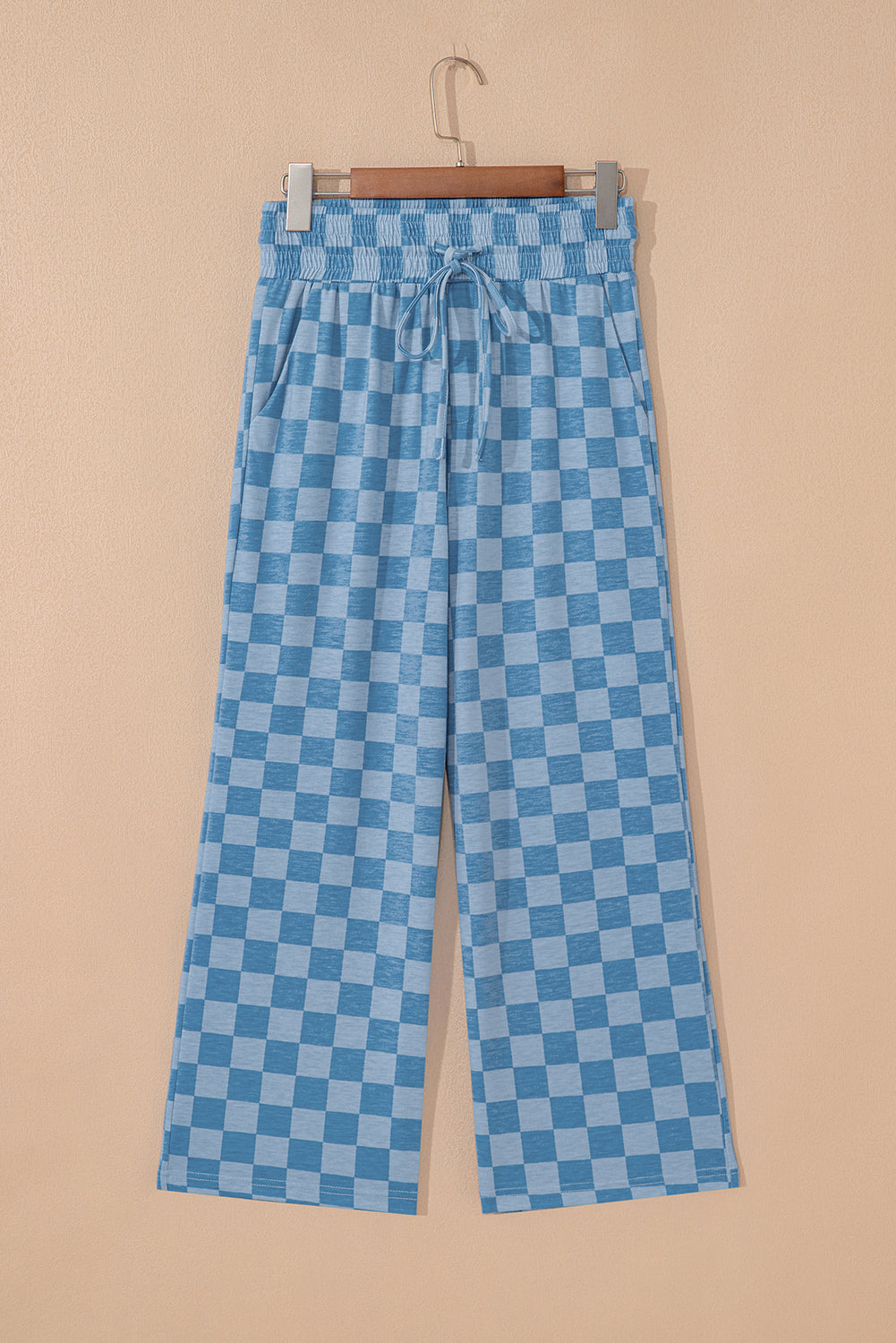 Khaki Checkered Elastic High Waist Loose Casual Pants