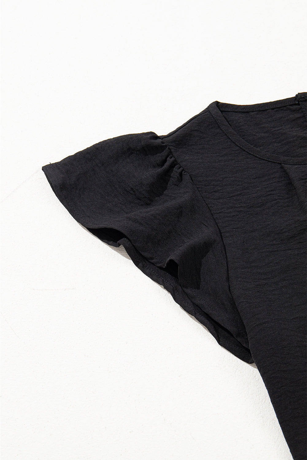Black Flounce Sleeve Pleated Textured Blouse