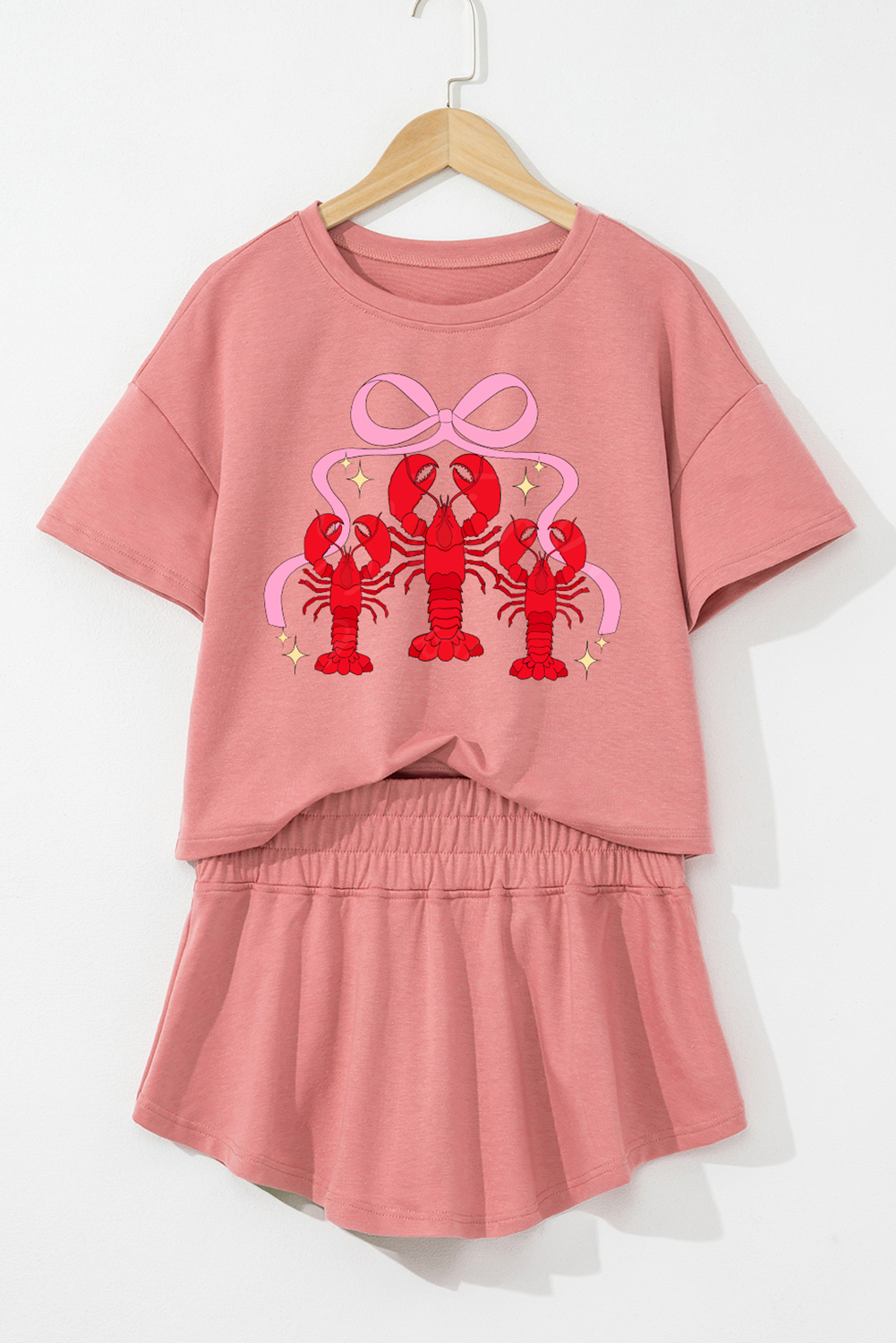 Blossom Bow Crawfish Print T Shirt and High Waist Ruffle Skorts Set