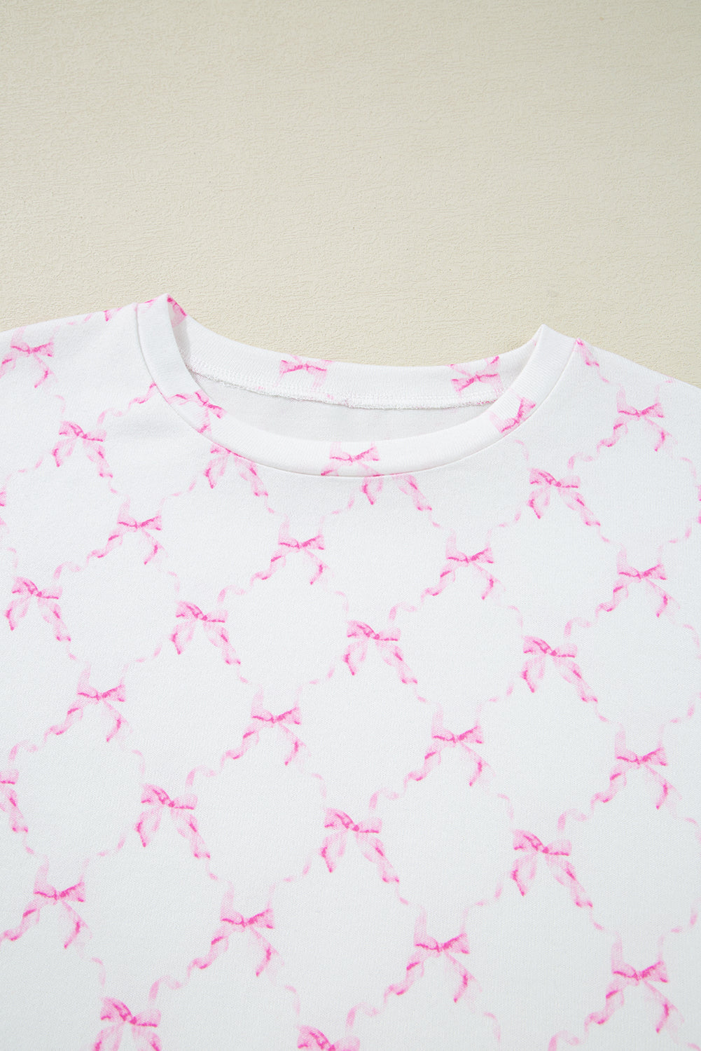 Pink Bow Knot Geometric Print Lettuce Trim Two Piece Lounge Set