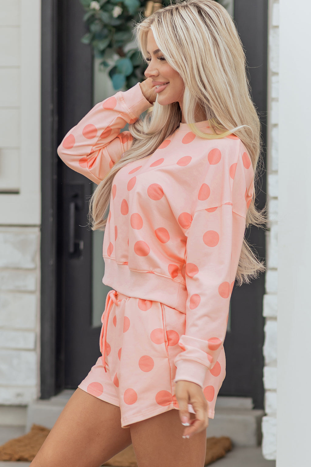 Beige Polka Dot Print Drop Shoulder Pullover Drawstring Jogger Pant Set