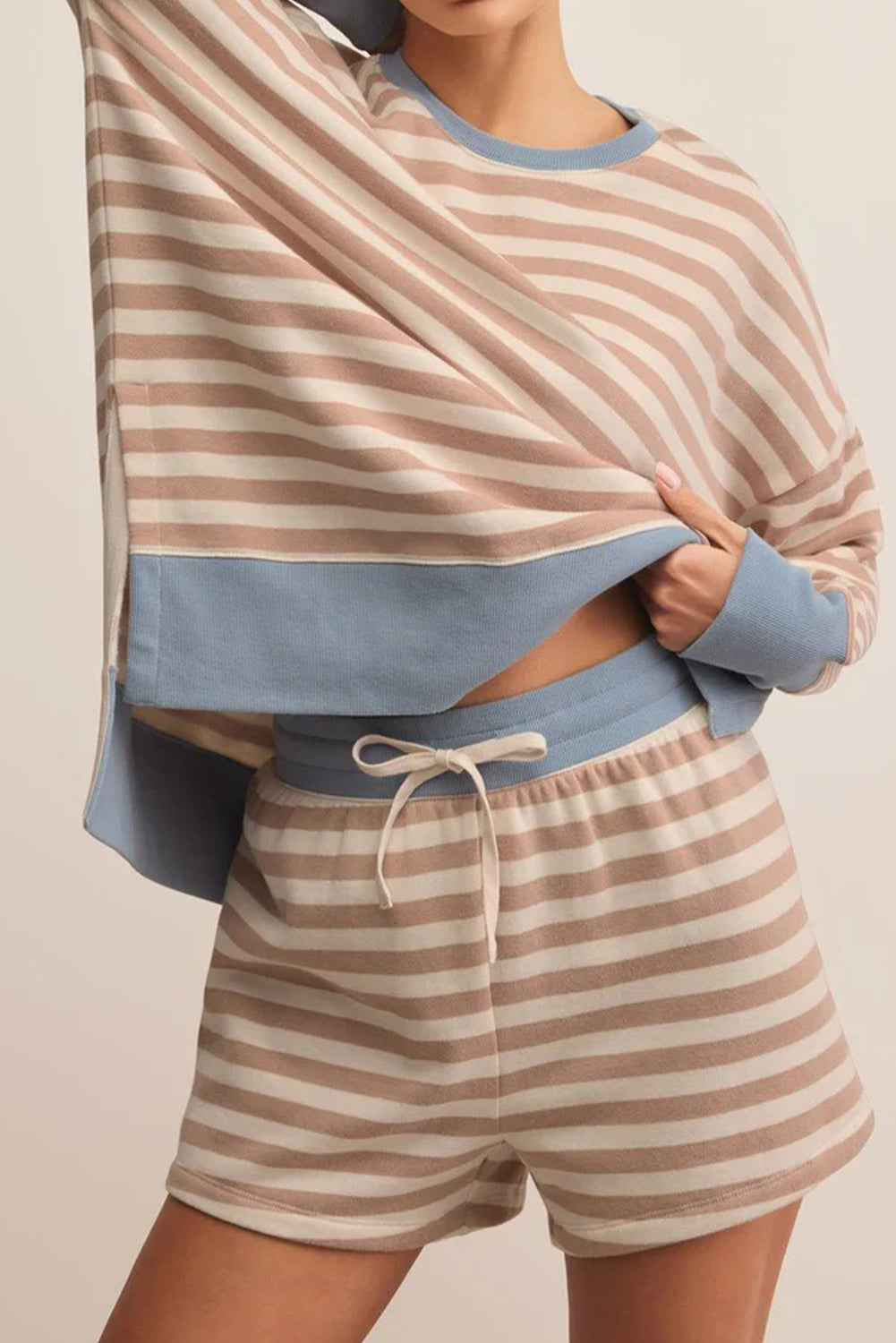Khaki Stripe Color Block Patchwork Oversized Pullover 2pcs Shorts Set