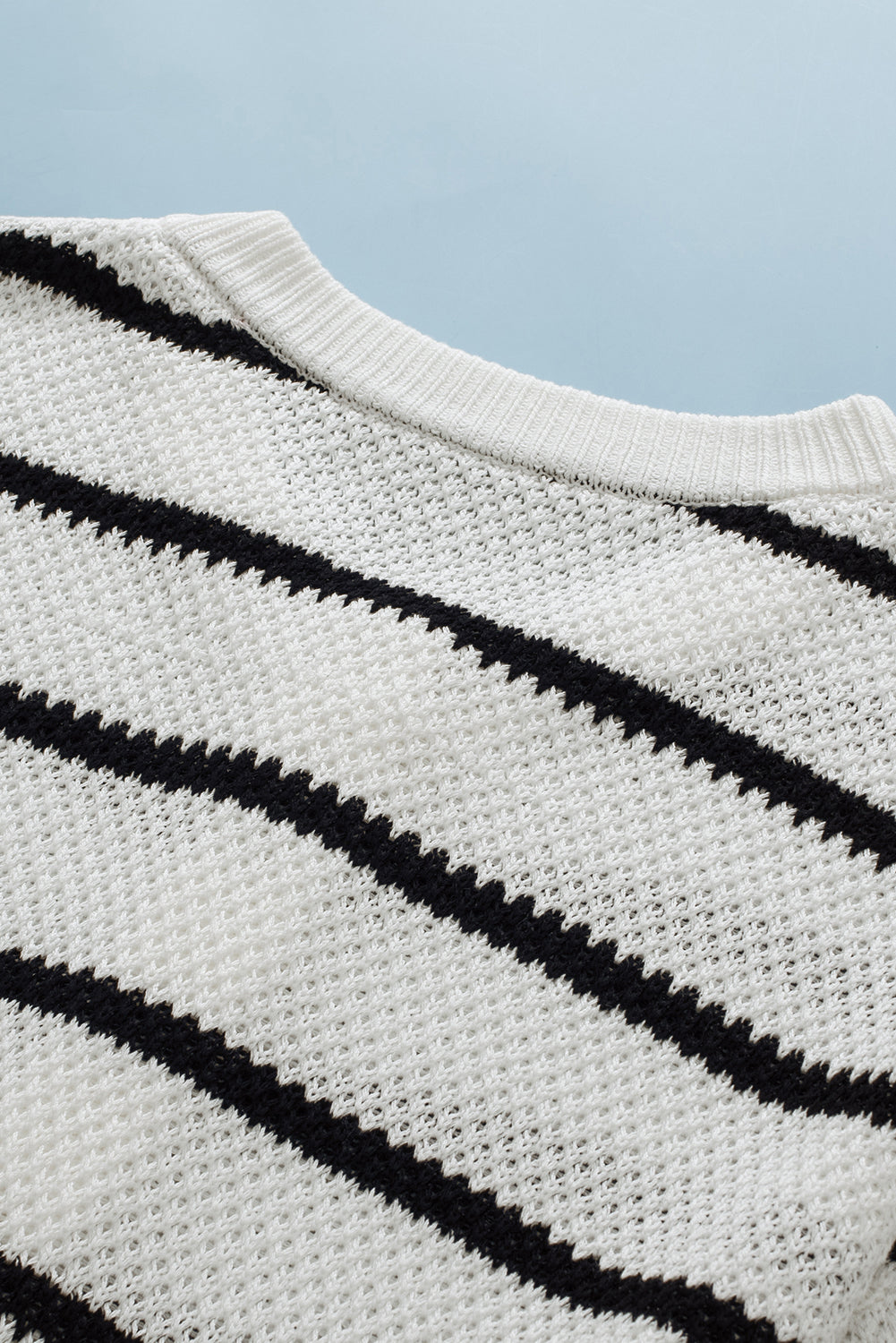 Black Stripe Henley Buttoned Placket Drop Shoulder Bracelet Sleeve Knit Sweater Tee