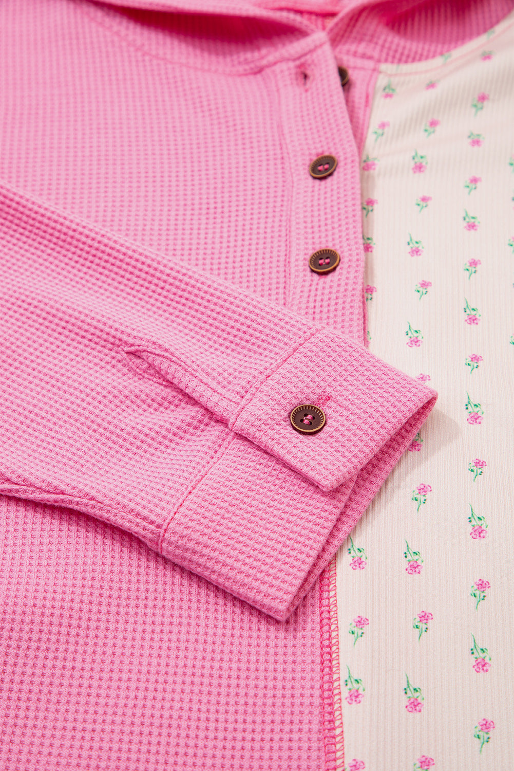 Pink Mixed Texture Waffle Floral Patchwork Hooded Oversize Pullover