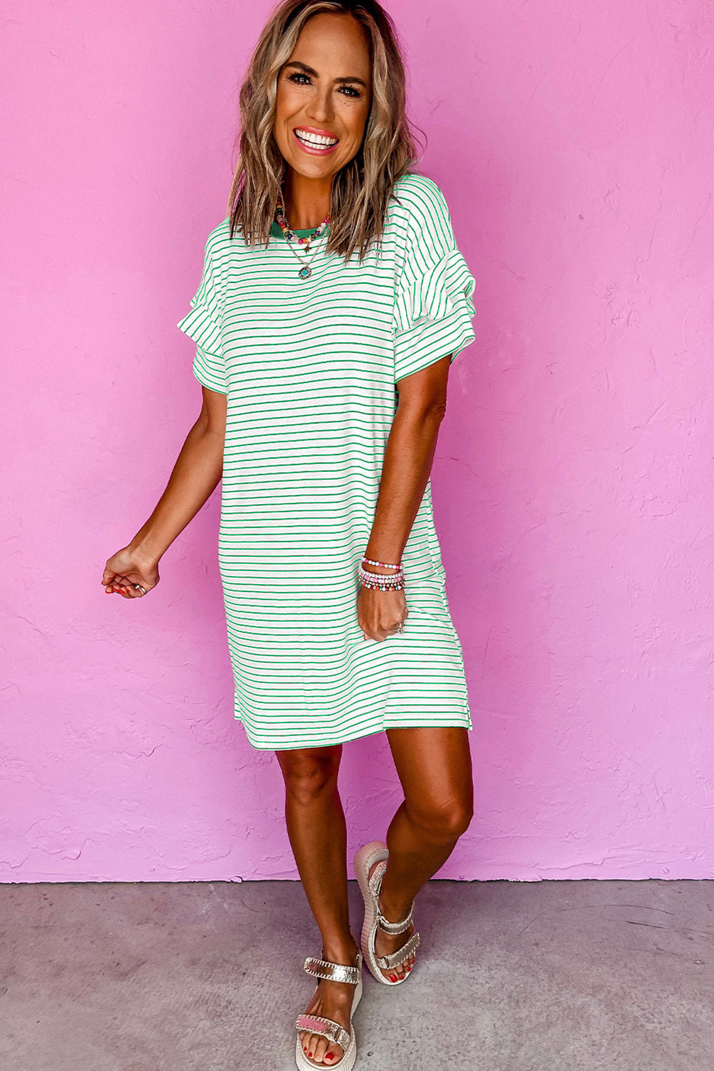 Black Stripe Ruffled Short Sleeve Crew Neck T Shirt Shift Mini Dress