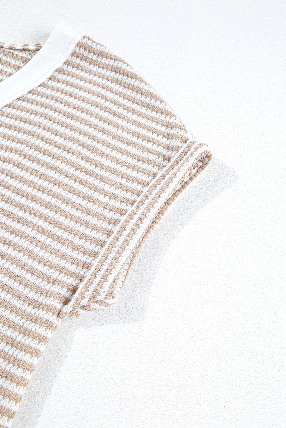 Khaki Stripe Buttoned Front V Neck Knitted T Shirt