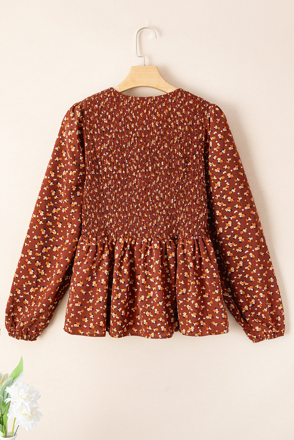 Black Boho Floral Smocked Bust Ruffled Peplum Blouse
